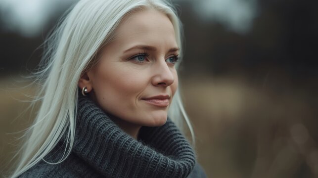 Mujer escandinava elegante de cabello rubio platino, maquillaje natural y sonrisa serena, que viste un su&eacute;ter de lana