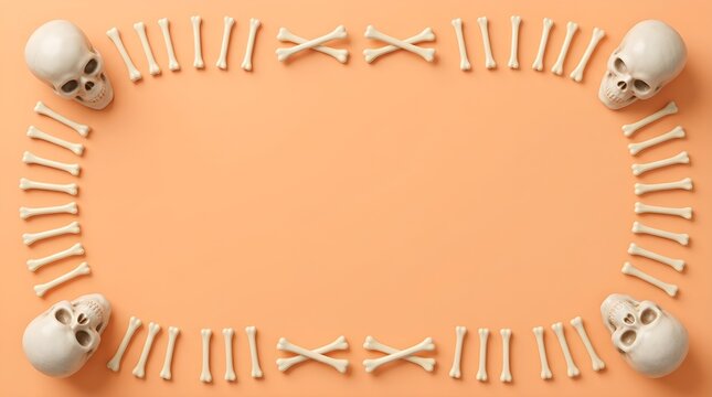 Border frame of plastic skulls and bone pieces on an orange background