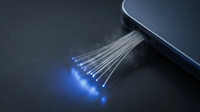 Detailed view of fiber optic light strands extending from a mobile phone with smartphone connection glowing cables data transmission modern technology optical fibers