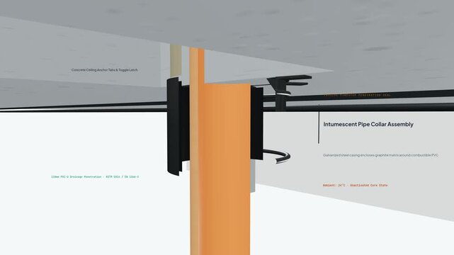 3D animation explaining the mechanism of an intumescent pipe collar during a fire, showing how expanding graphite crushes a melting PVC pipe to seal the penetration and prevent smoke transmission