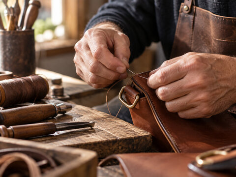 Leather Artisan Hand Stitching a Handmade Leather Bag in Workshop
