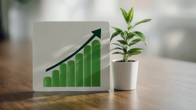 Green Bar Chart Growth Steadily Ascending with Potted Plant in Soft Natural Light