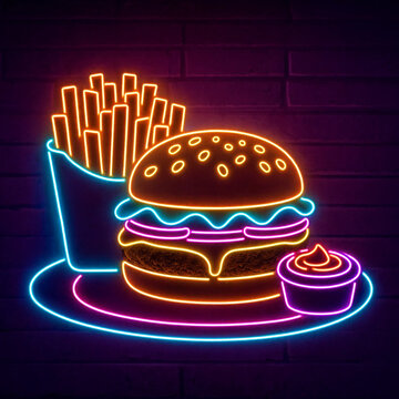 Bright neon sign depicting a delicious cheeseburger and french fries combo on brick wall