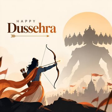 Happy dussehra poster design featuring archer aiming at demon king silhouette
