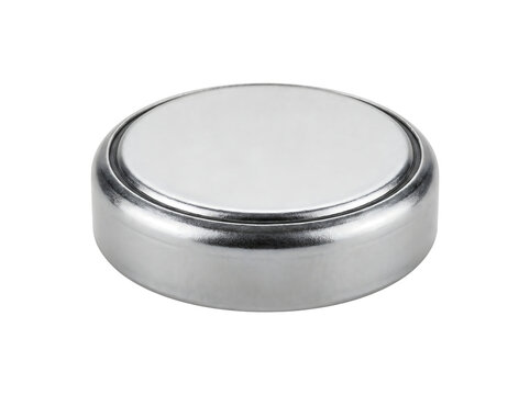 Small silver button cell battery with white top during studio lighting for electronics concept Isolated on transparent background