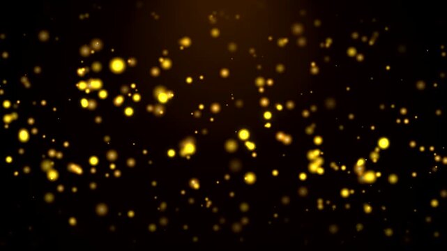 Shimmering golden bokeh lights and glittering particles wave on dark luxury background