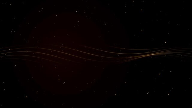 Luxury dark background with elegant golden wavy flowing lines and floating glitter particles
