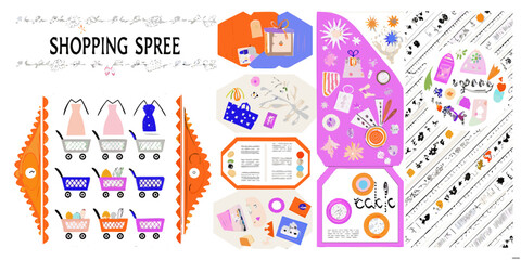 Fototapeta premium Shopping spree themed vector illustration features clothing gifts and shopping carts on a white background accessories apparel