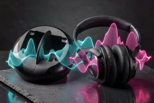 Modern Wireless Headphones And Charging Dock With Neon Waves