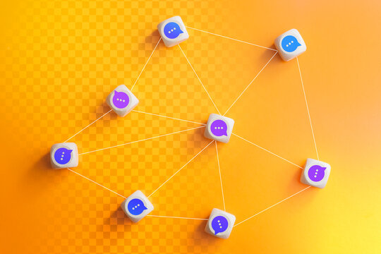 Speech bubble message icons on white blocks linked together with network lines on vibrant yellow background. Social media communication, global chat networking and customer engagement concept.