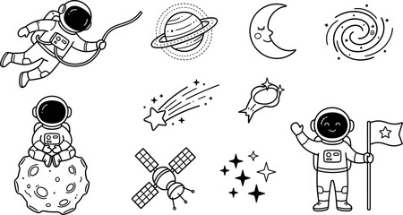 Cute Astronaut and Outer Space Line Icon Set featuring Planets Moon Satellite Rocket and Galaxy Symbols for Kids Education Science and Astronomy Designs © KAMRUJJAMAN