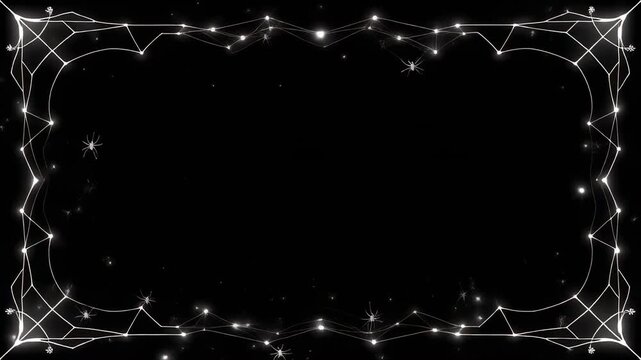 Intricate spiderwebs with glowing dew drops form a decorative border against a dark background