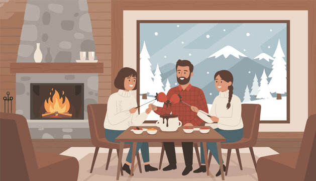 Family sitting at a table eating chocolate fondue by a cozy fireplace while looking out the window at a snowy mountain landscape with pine trees.