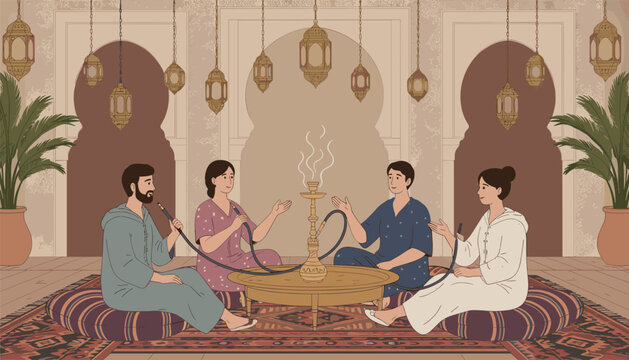 Four friends sitting on colorful rugs on the floor of a middle eastern lounge while smoking tobacco from a traditional water pipe hookah.