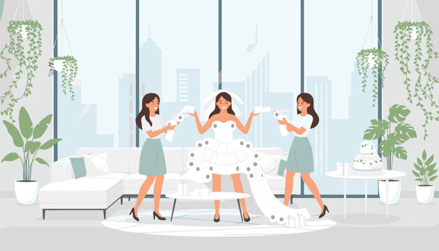 Two bridesmaids helping a bride make a wedding dress out of toilet paper rolls during a fun interactive bridal shower game in an apartment.