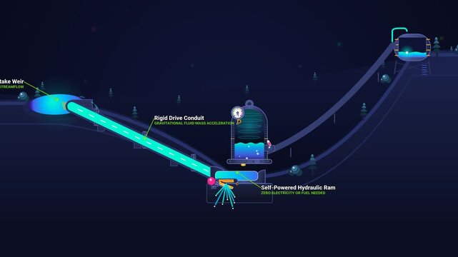 Detailed 2D animation explaining the mechanism of a hydraulic ram pump, illustrating water flow, kinetic energy, pressure shockwaves, valve operations, and fluid elevation without external power