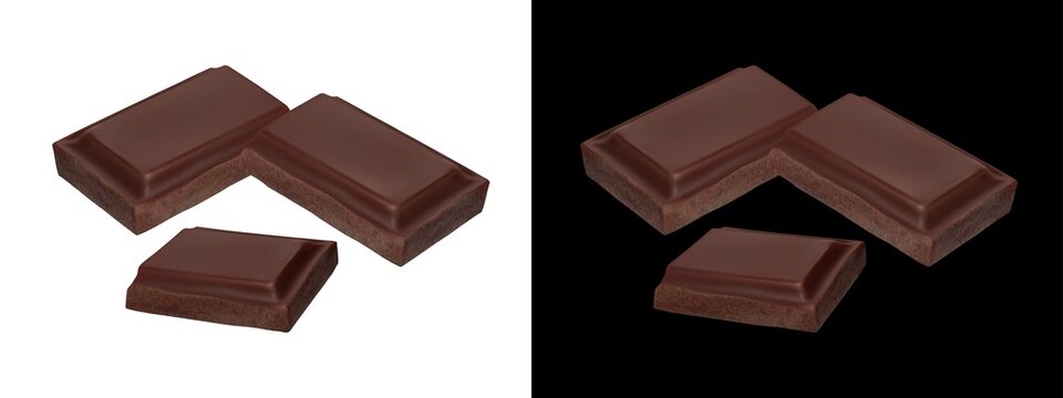Three pieces of dark chocolate bars isolated on transparent background