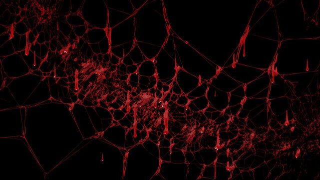 Animated Spider Web with Red Liquid Drips and Dark Gothic Atmosphere on transparent background. Halloween spider web background. Graphic resource concept. 