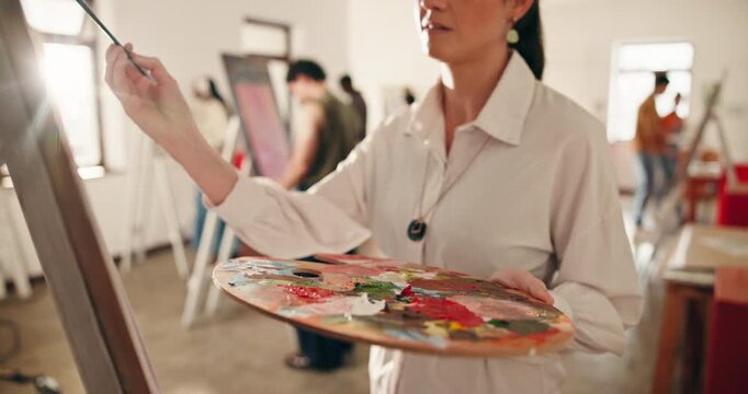 Artist, hands and painting on canvas with palette for self expression, talent or creative process. Painter, art and woman with brush stroke for artistic design, artwork or drawing in studio class