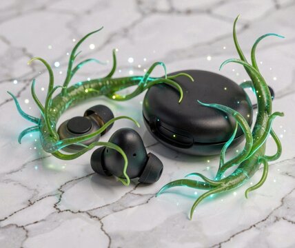 Black Wireless Earbuds Entangled in Glowing Green Plant Tendrils