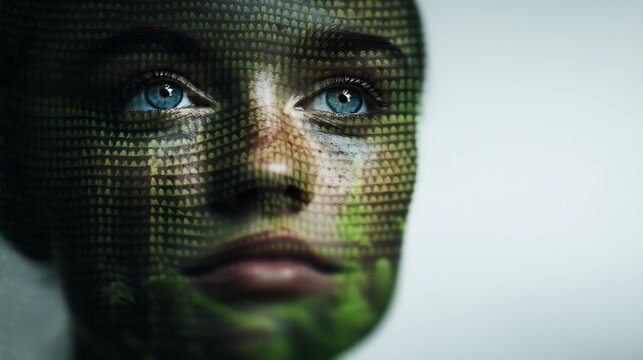 A close-up of a human face with blue eyes, digitally overlaid with a green matrix-like pattern, symbolizing technology and artificial intelligence.