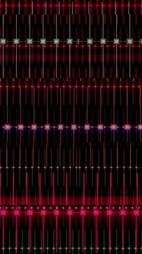 Dense red and magenta sound grid matrix with vertical bars and cross equalizer nodes pulsating, vertical video background