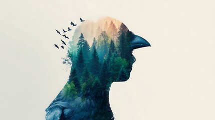 Obraz premium A creative double-exposure image of a raven silhouette filled with a dense forest and flying birds, blending nature and wildlife in an artistic composition.