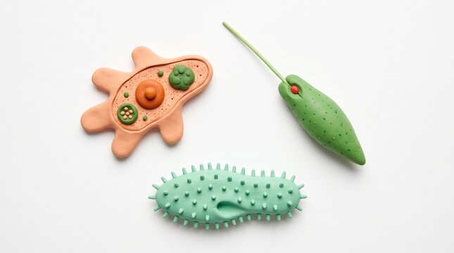 Single-Celled Protozoa Collection in 3D: Amoeba, Paramecium and Euglena on White Background
