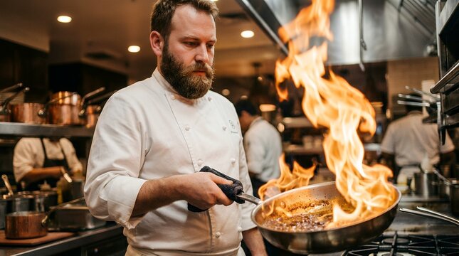 Professional chef with a beard flambeing sauce in a restaurant kitchen with open flame