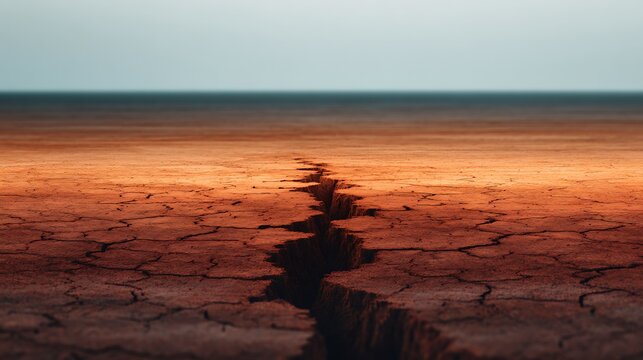 A deep fissure splits a cracked, dry earth landscape under a clear sky, symbolizing drought and environmental stress.