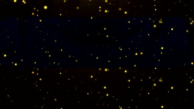 Glowing yellow firefly particles floating over dark navy blue abstract banner background