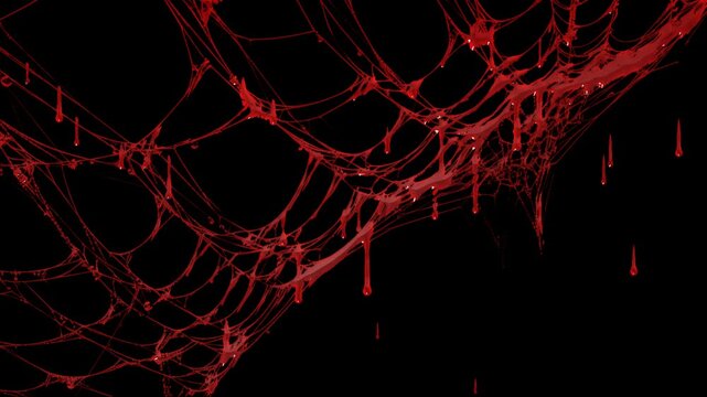 Animated Spider Web with Red Liquid Drips and Dark Gothic Atmosphere on transparent background. Halloween spider web background. Graphic resource concept. 