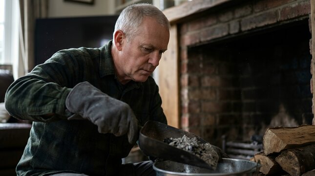 Mature man tending fireplace with metal shovel in rustic living room interior