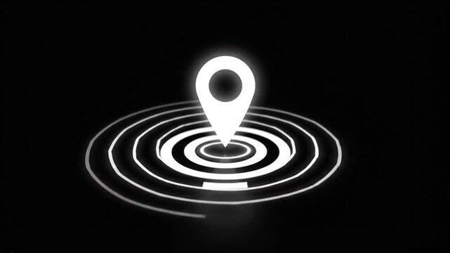 Animated GPS Location Pin Icon with Pulsing Navigation Signal on Black Background. 