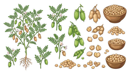 Fototapeta premium Hand Drawn Chickpea Collection with Garbanzo Bean Plant, Pods, Roots, Dried Seeds and Bowls of Legumes for Food Designs