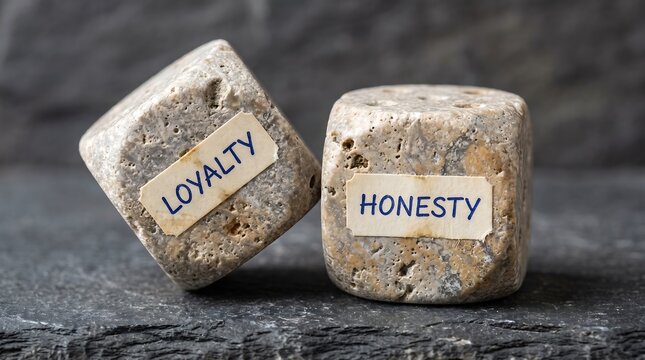 Loyalty and honesty values represented by engraved stones on a dark surface