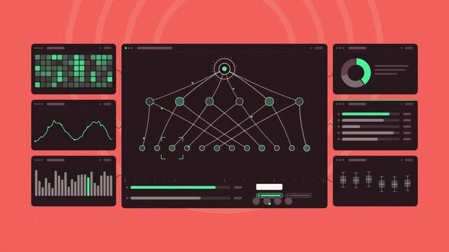 Animated mining pool hashrate distributing in coral and magenta on a deep dark background. Seamless looping 4K dashboard motion graphics with free space for text, ideal for product videos, business pr