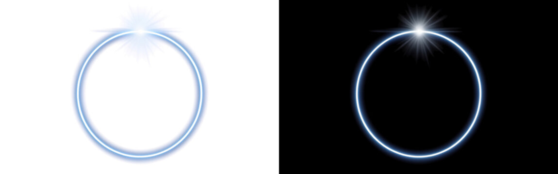 Glowing circular frame with light flare effect is presented on transparent background glow radiance