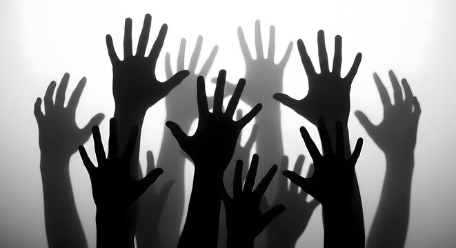 Multiple hands reaching upwards in a black and white image symbolizing hope help or a collective effort