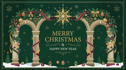 Fototapeta premium Elegant christmas greeting card design featuring a decorative archway with golden star, festive ornaments, and winter foliage on a dark green background, merry christmas and happy new year text