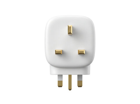 White UK electrical plug with gold pins during studio lighting isolated on transparent background