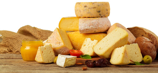 Fototapeta premium Assortment of cheeses, breads, and honey on wooden table with rustic cloth