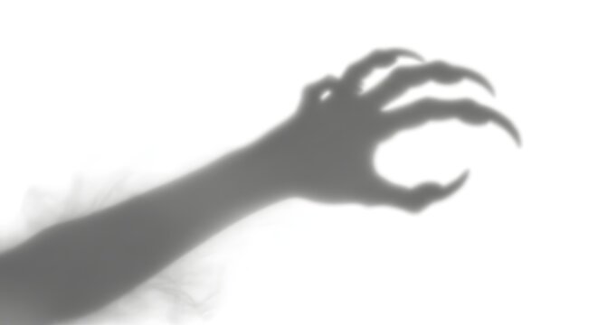 Dramatic shadow of a clawed hand reaching out against a bright white background creating a mysterious effect
