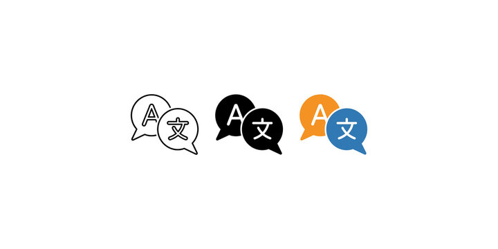Language translation icon set with speech bubbles for communication and localization interfaces.