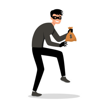 Thief walking carefully with a bag of money. Flat vector criminal character on white background