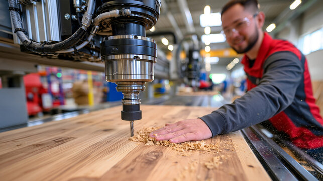 Automated CNC machines carving wooden panels in a busy furniture manufacturing factory, precision cutting heads shaping timber on a modern assembly line, wood dust particles and industrial equipment