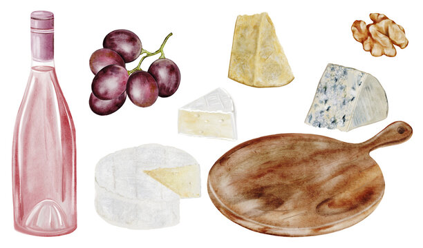 Watercolor clipart set with wine, grapes, cheese, walnut. Ideal for menu design, wine tasting invitations, packaging, branding, restaurant or picnic-themed projects.