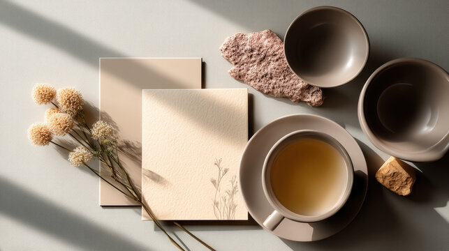 Neutral flat lay with wedding invitation card, tea cup, dried flower, ceramic bowl, stone, soft sunlight