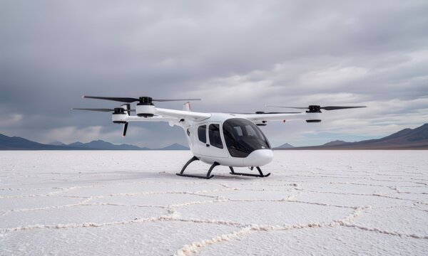 A sleek VTOL air taxi sits on a flat, white landscape. The VTOL air taxi is ready for passengers amidst a dramatic sky.