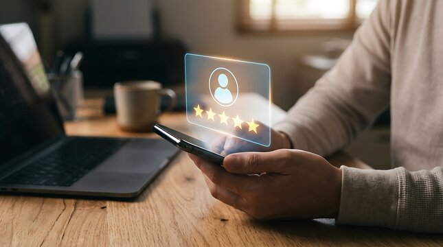 Customer holding mobile phone showing virtual feedback interface with five glowing stars